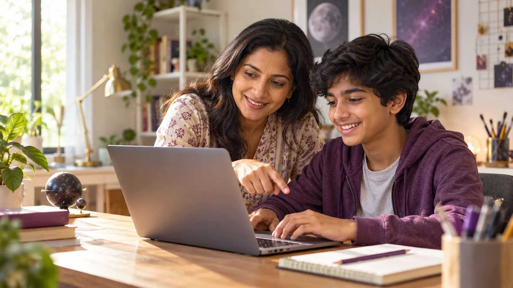 Parent guiding a teenager as they explore a learning activity on a laptop
